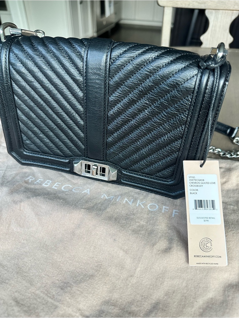 Rebecca Minkoff Chevron Quilted Love Crossbody, Black, Like New with Tags